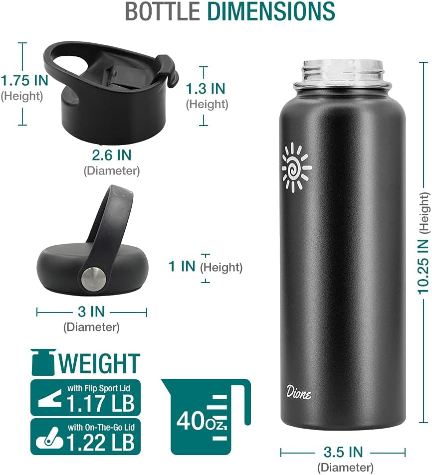 Dione Water Bottle 40 Oz. Flask Double Wall Stainless Steel & Vacuum Insulated (Black) Sport Hydro Container (Standard Mouth/Leak Proof/Bpa Free Cap), (MB000315)