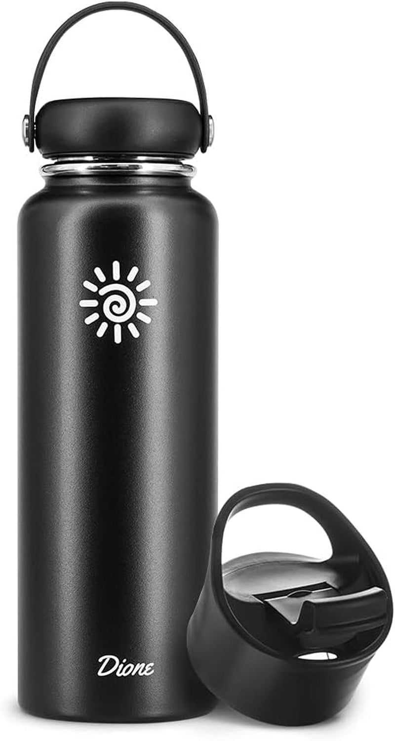 Dione Water Bottle 40 Oz. Flask Double Wall Stainless Steel & Vacuum Insulated (Black) Sport Hydro Container (Standard Mouth/Leak Proof/Bpa Free Cap), (MB000315)