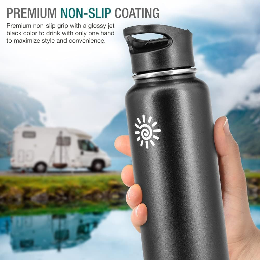 Dione Water Bottle 40 Oz. Flask Double Wall Stainless Steel & Vacuum Insulated (Black) Sport Hydro Container (Standard Mouth/Leak Proof/Bpa Free Cap), (MB000315)