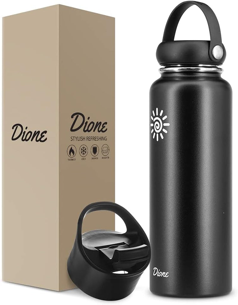 Dione Water Bottle 40 Oz. Flask Double Wall Stainless Steel & Vacuum Insulated (Black) Sport Hydro Container (Standard Mouth/Leak Proof/Bpa Free Cap), (MB000315)